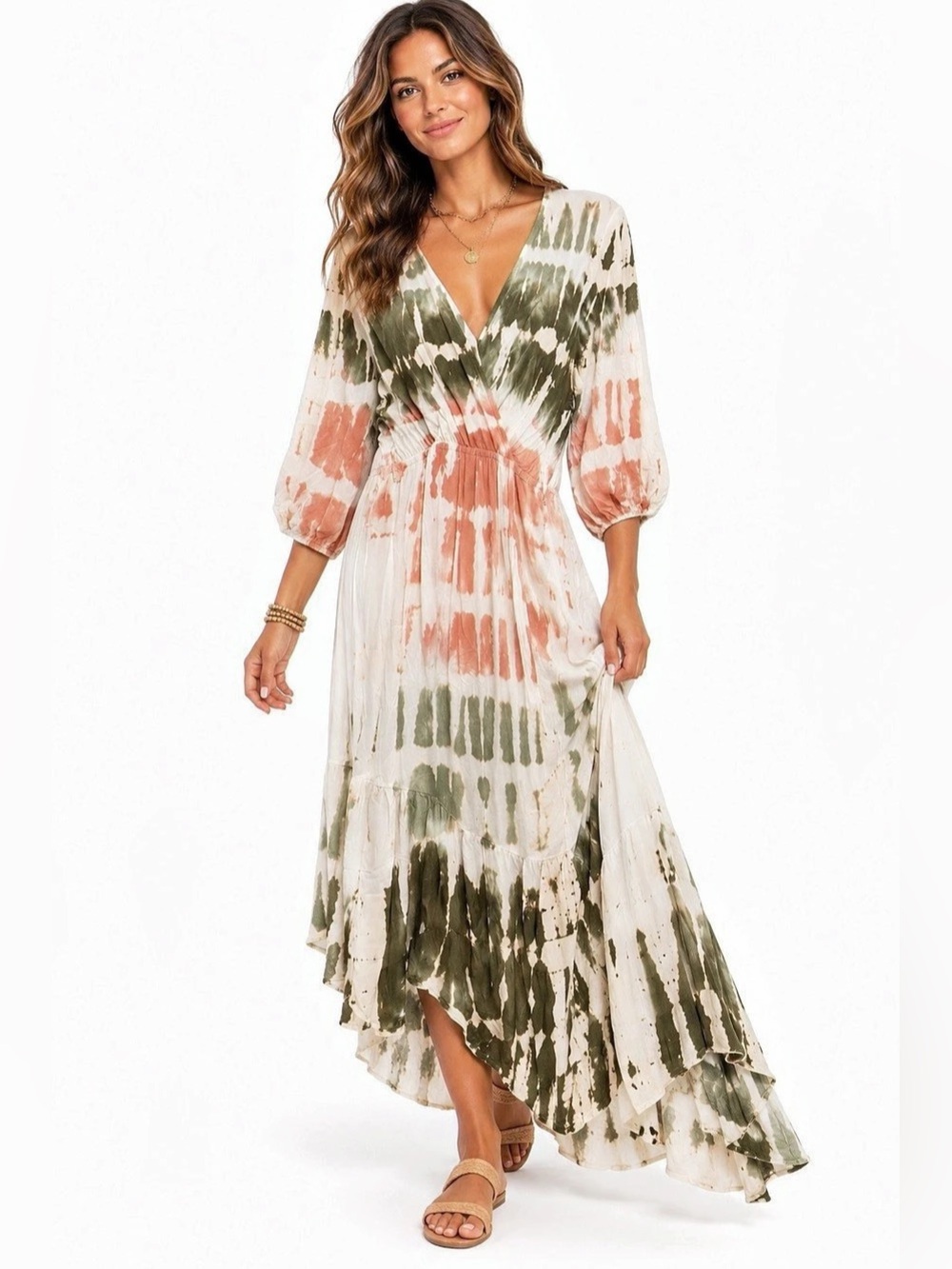 Young Fabulous & Broke Tie-Dye Maxi Dress White Green Peach - Size Small - EUC